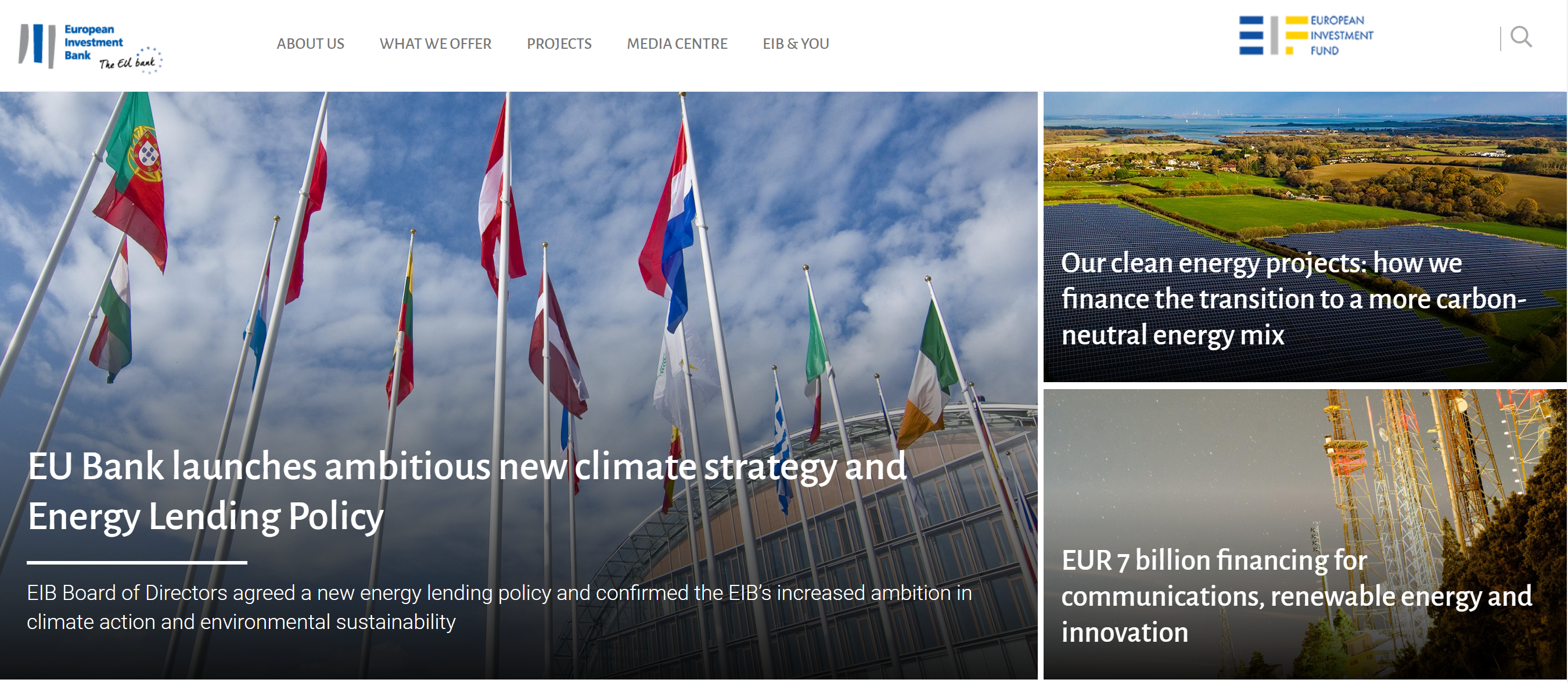 EIB hedlines sustainability on their website